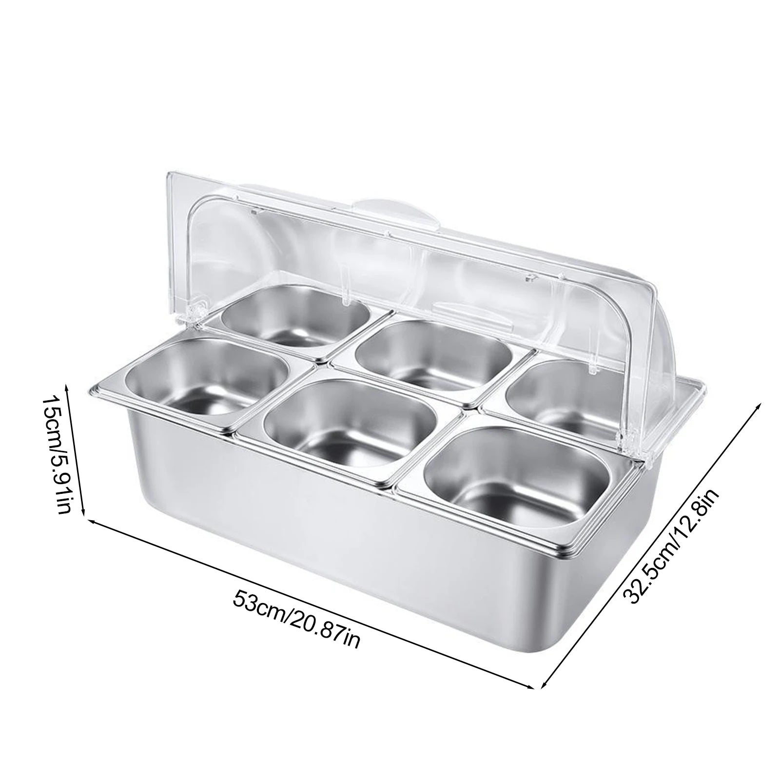 6 Pan Ice Cooled Food Display Rack Pans Stainless Steel Condiment Serving Container with Clear Roll Top Cover for Kitchen Party