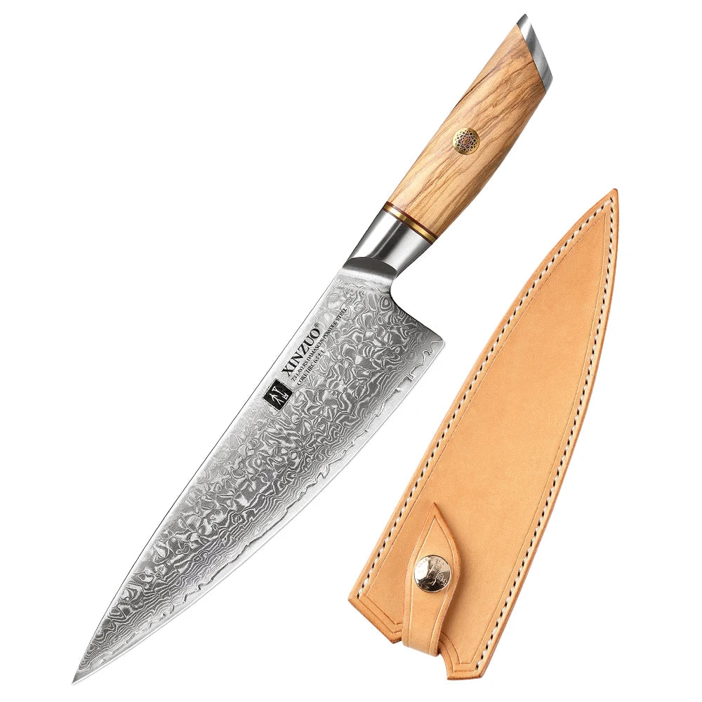 XINZUO 8.5'' Chef Knives 62-64 HRC VG10 Damascus Steel Santoku Slicing Japanese Kitchen Knife New Arrival with Leather Sheath