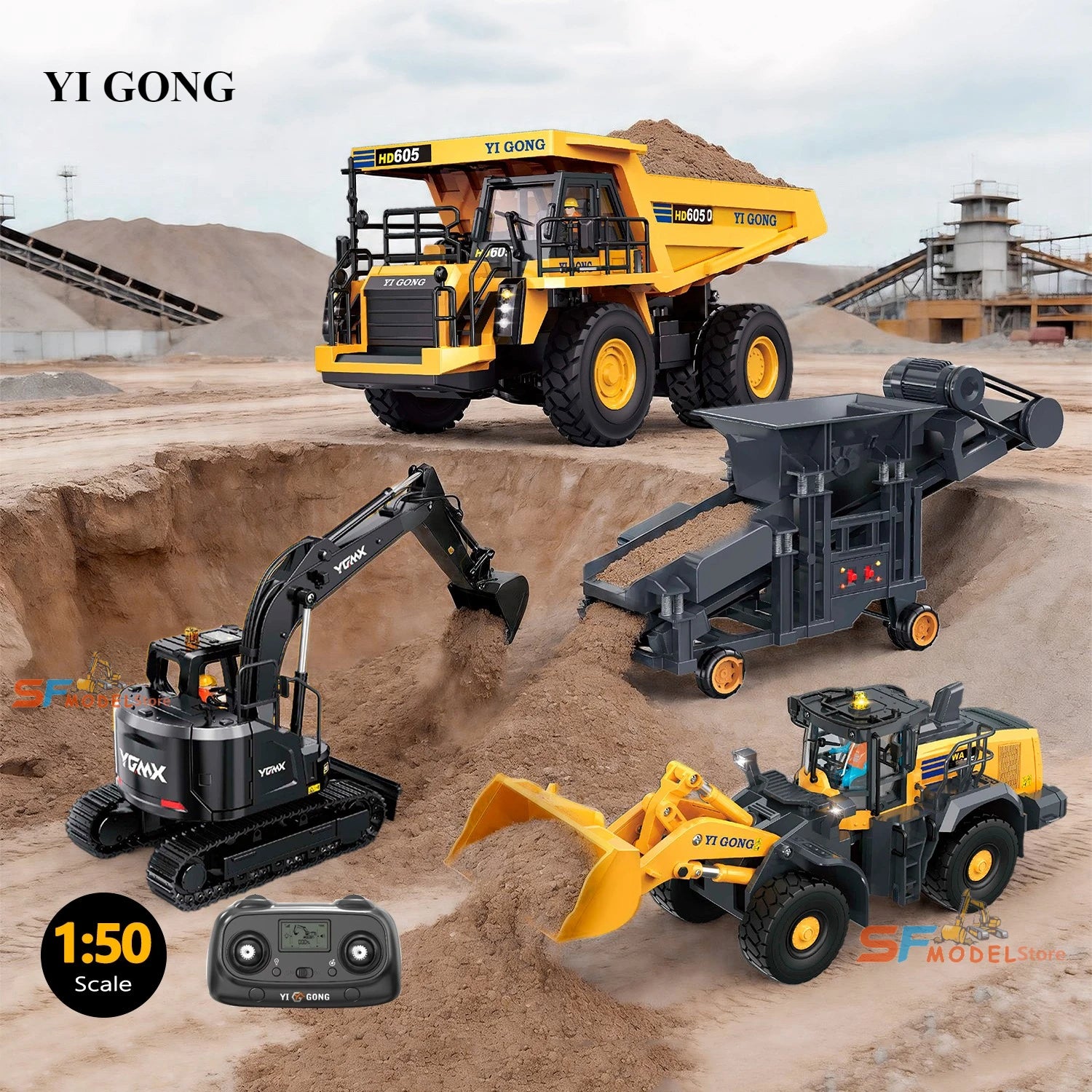 Yi Gong 1/50 RC Loader Excavator Mining Truck Sand Screener Road Roller Model Mini Engineering Vehicle Toys Hobbies 2026 New