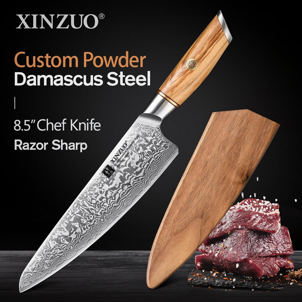 XINZUO 8.5'' Chef Knives 62-64 HRC VG10 Damascus Steel Santoku Slicing Japanese Kitchen Knife New Arrival with Leather Sheath