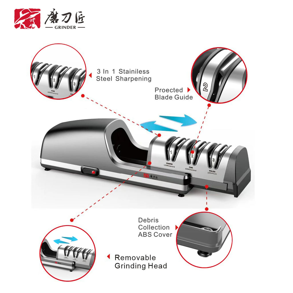 Electric Knife Sharpener Three-Speed Sharpening 100% Diamond Replaceable Sharpening Heads Suitable for All Kitchen Knives