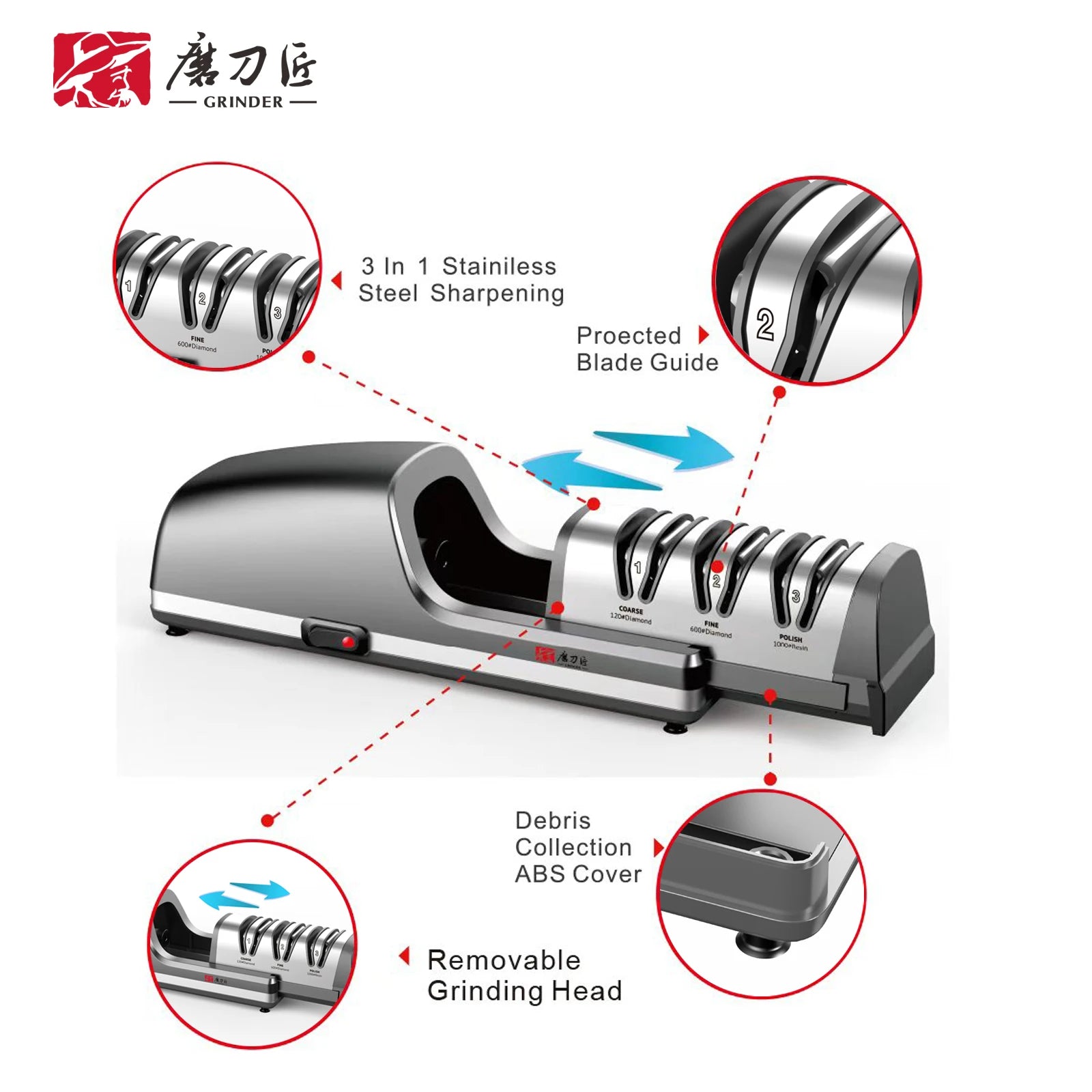 Electric Knife Sharpener Three-Speed Sharpening 100% Diamond Replaceable Sharpening Heads Suitable for All Kitchen Knives