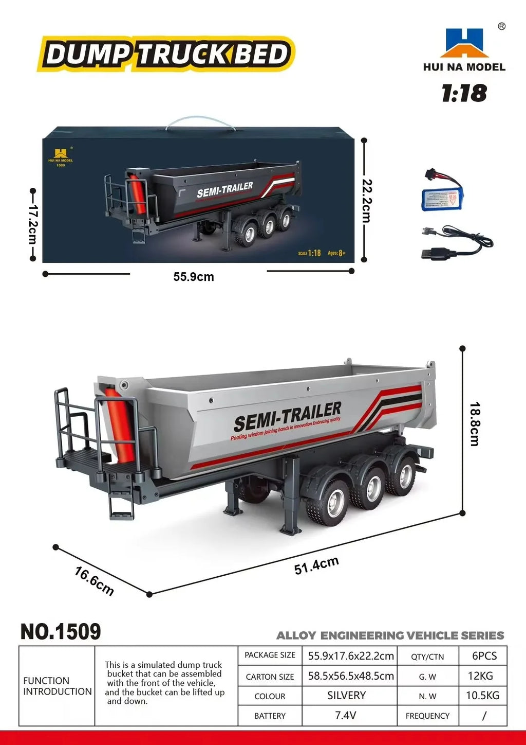 20261/18 Huina 1509 Rc Semi Dump Trailer Electric Lifting For Rc Tractor Truck 1501 Tail Light Support Leg No Sound System Model