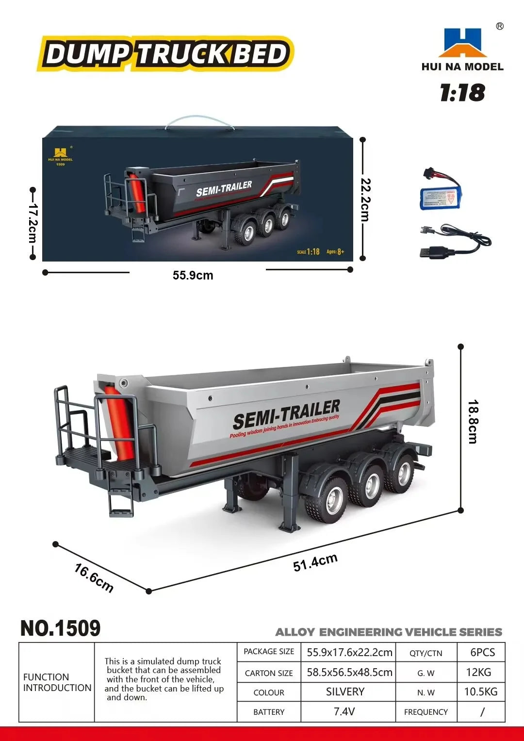 20261/18 Huina 1509 Rc Semi Dump Trailer Electric Lifting For Rc Tractor Truck 1501 Tail Light Support Leg No Sound System Model