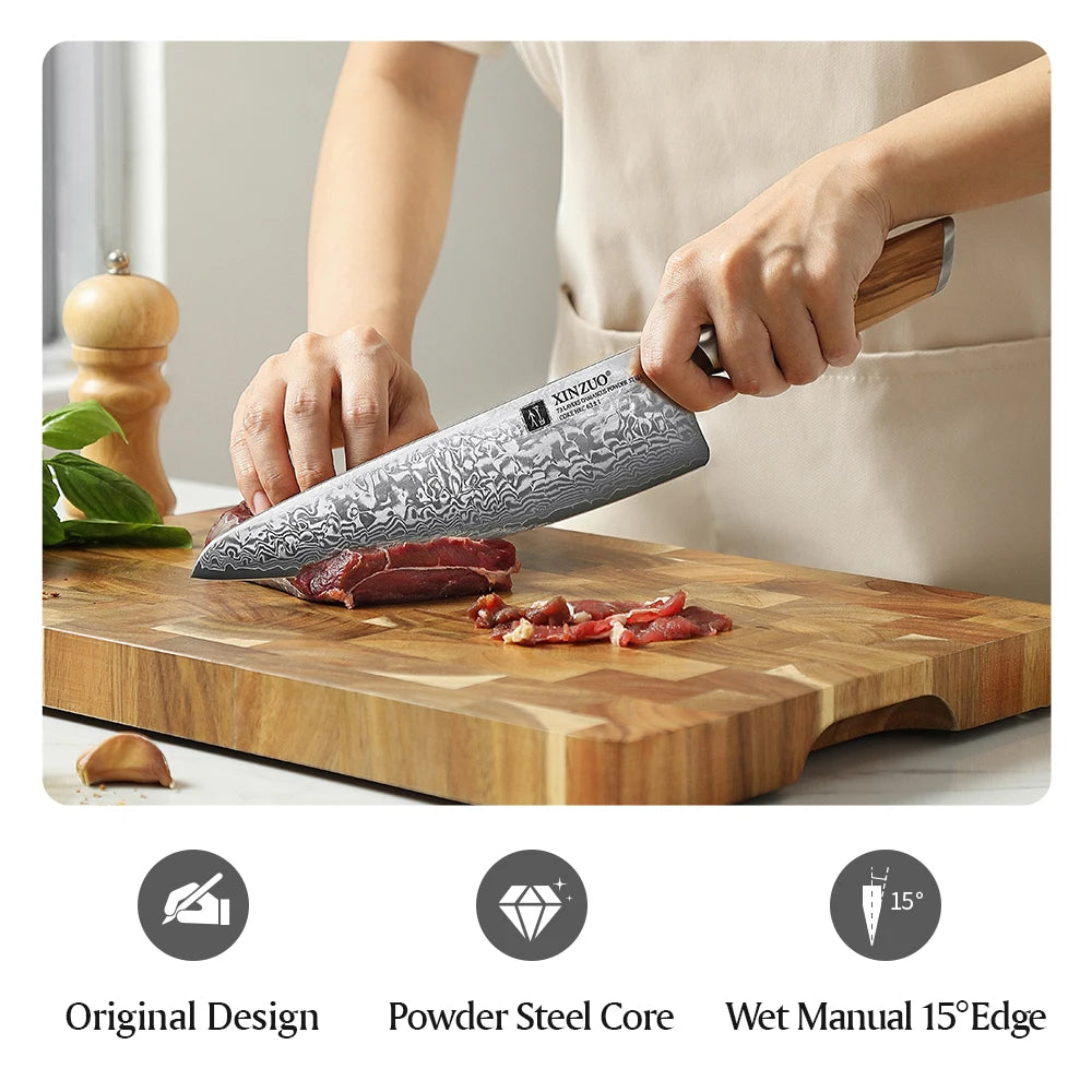 XINZUO 8.5'' Chef Knives 62-64 HRC VG10 Damascus Steel Santoku Slicing Japanese Kitchen Knife New Arrival with Leather Sheath