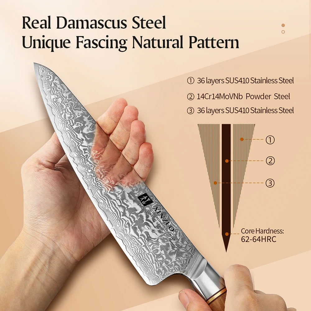XINZUO 8.5'' Chef Knives 62-64 HRC VG10 Damascus Steel Santoku Slicing Japanese Kitchen Knife New Arrival with Leather Sheath