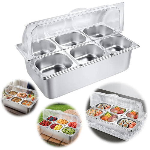 6 Pan Ice Cooled Food Display Rack Pans Stainless Steel Condiment Serving Container with Clear Roll Top Cover for Kitchen Party