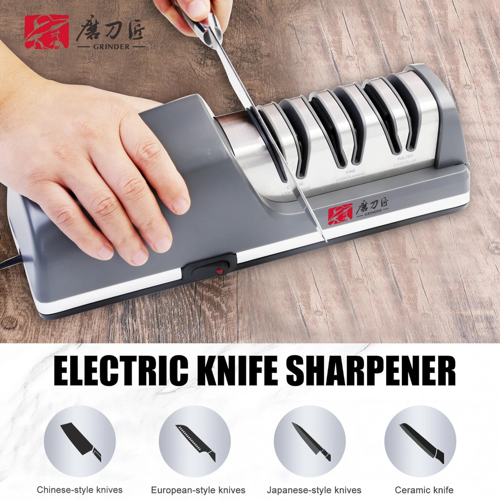 Electric Knife Sharpener Three-Speed Sharpening 100% Diamond Replaceable Sharpening Heads Suitable for All Kitchen Knives