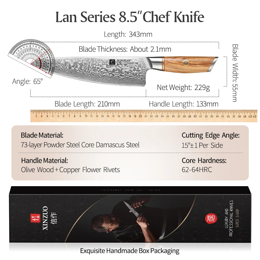 XINZUO 8.5'' Chef Knives 62-64 HRC VG10 Damascus Steel Santoku Slicing Japanese Kitchen Knife New Arrival with Leather Sheath