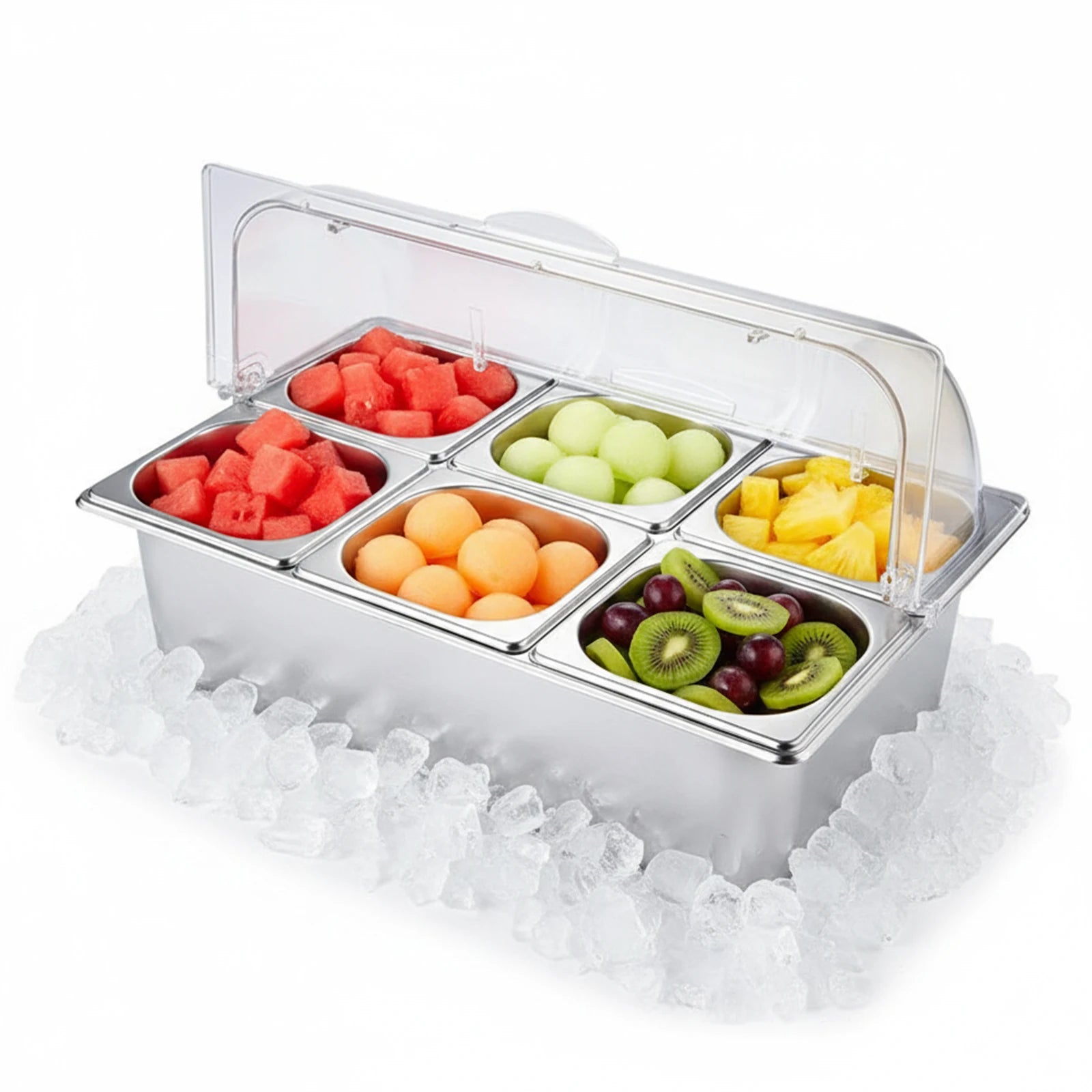 6 Pan Ice Cooled Food Display Rack Pans Stainless Steel Condiment Serving Container with Clear Roll Top Cover for Kitchen Party