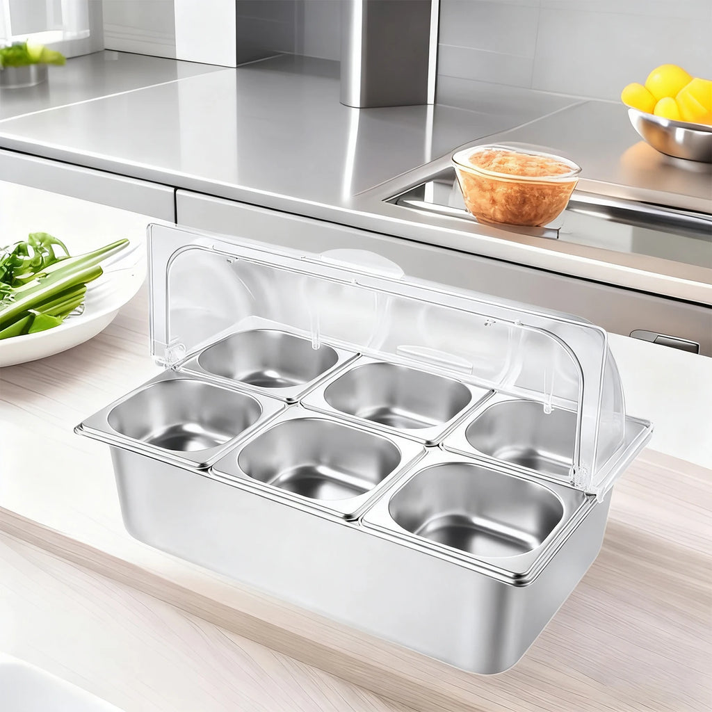 6 Pan Ice Cooled Food Display Rack Pans Stainless Steel Condiment Serving Container with Clear Roll Top Cover for Kitchen Party