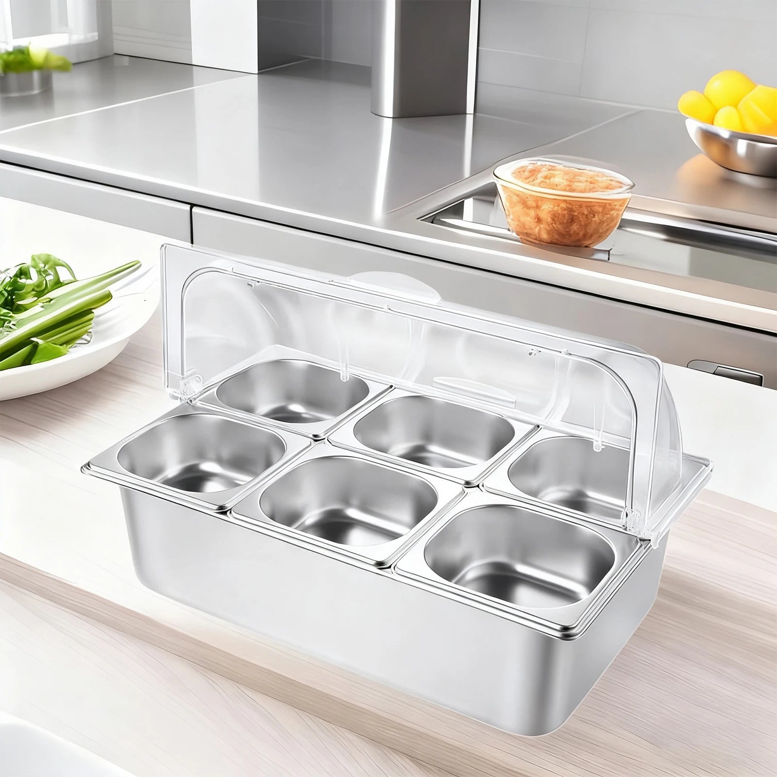 6 Pan Ice Cooled Food Display Rack Pans Stainless Steel Condiment Serving Container with Clear Roll Top Cover for Kitchen Party