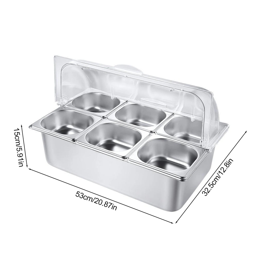 6 Pan Ice Cooled Food Display Rack Pans Stainless Steel Condiment Serving Container with Clear Roll Top Cover for Kitchen Party